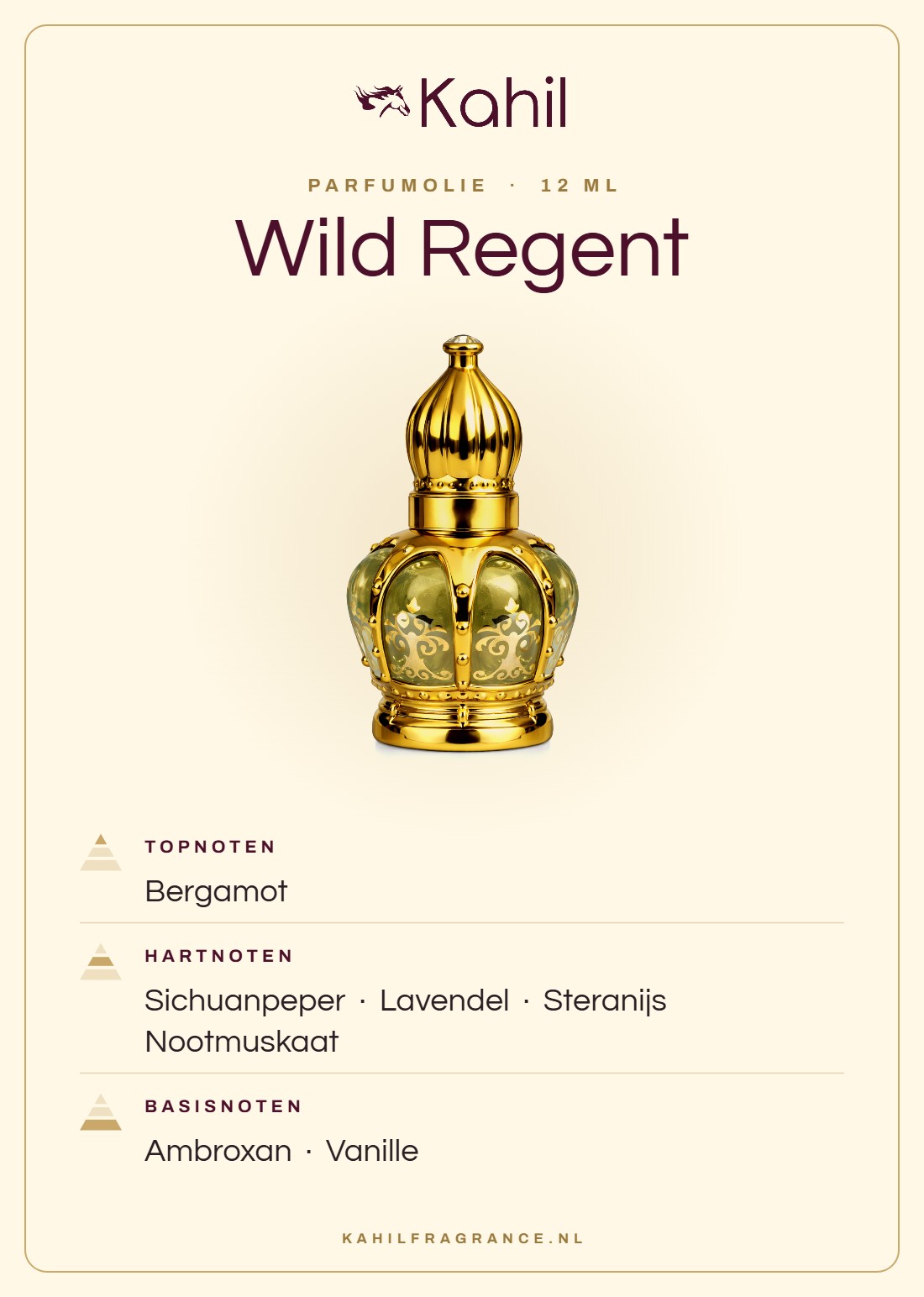 Fragrance notes of Kahil Wild Regent perfume oil 12 ml: top notes bergamot; heart notes Sichuan pepper, lavender, star anise, nutmeg; base notes ambroxan, vanilla