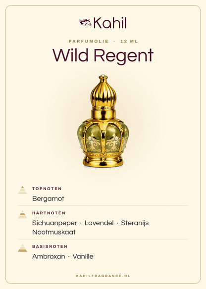 Fragrance notes of Kahil Wild Regent perfume oil 12 ml: top notes bergamot; heart notes Sichuan pepper, lavender, star anise, nutmeg; base notes ambroxan, vanilla